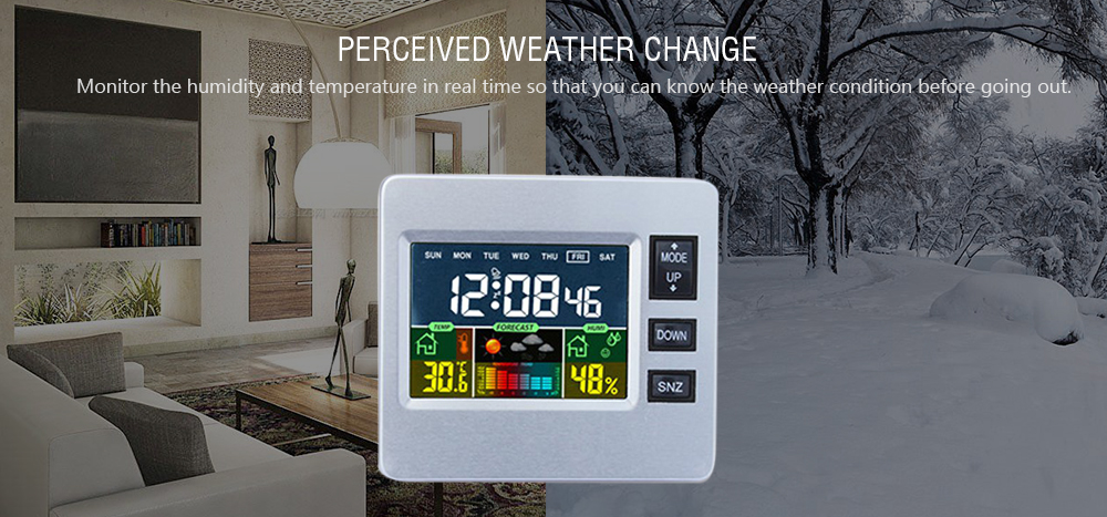 LCD Digital Temperature Humidity Weather Station Alarm Clock- Silver