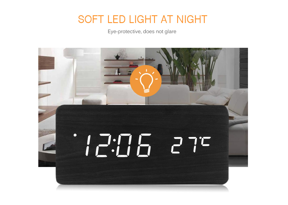 LED Wooden Alarm Clock Time Temperature Calendar Display- Red