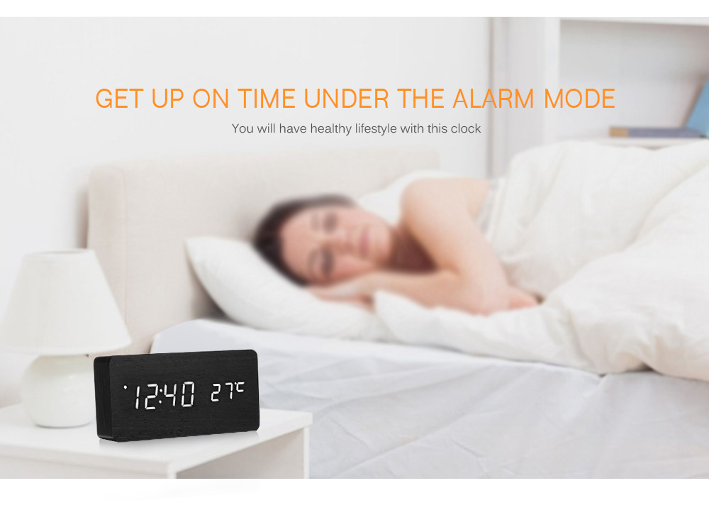 LED Wooden Alarm Clock Time Temperature Calendar Display- Red