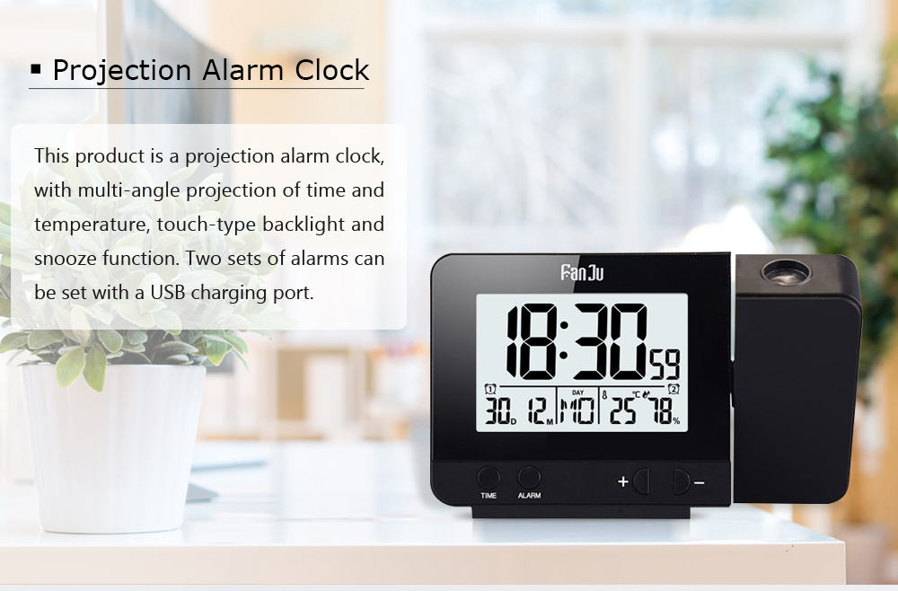 LED Screen Projection Alarm Clock - Black