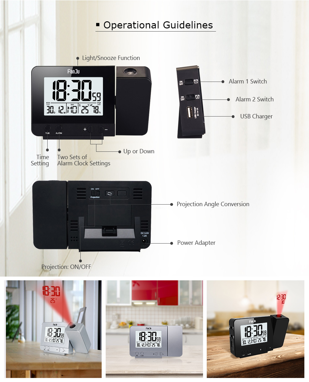 LED Screen Projection Alarm Clock - Black