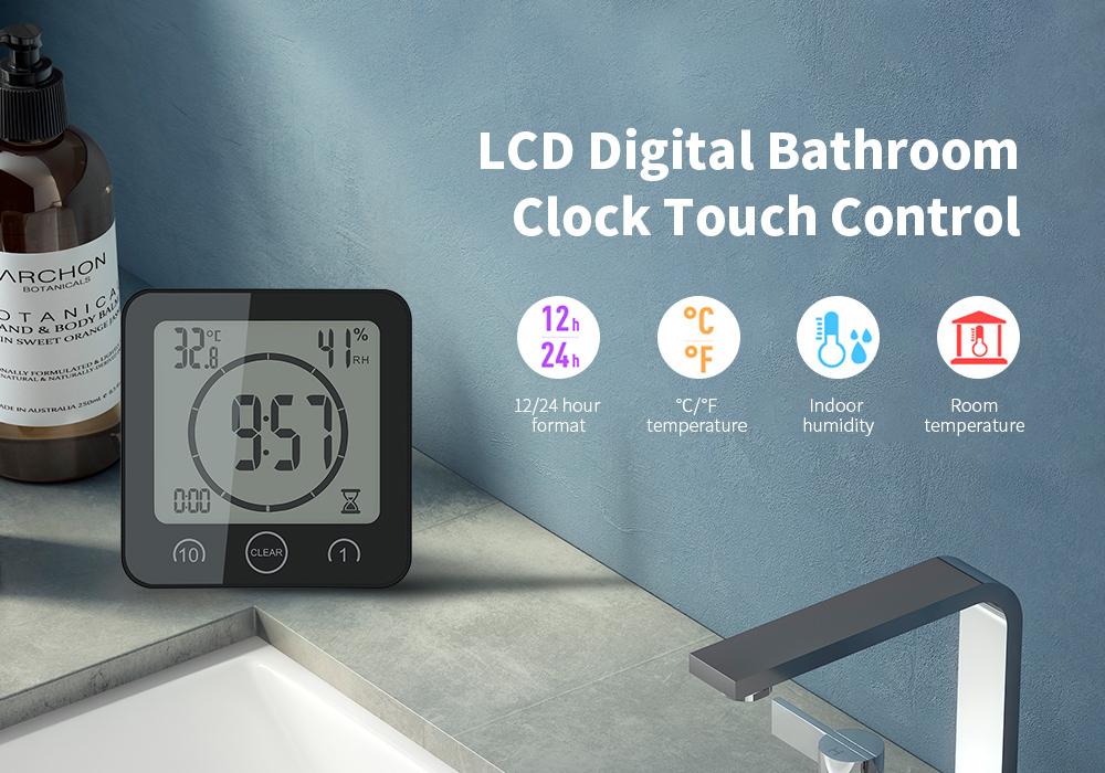 LCD Digital Bathroom Clock Touch Control - Azure