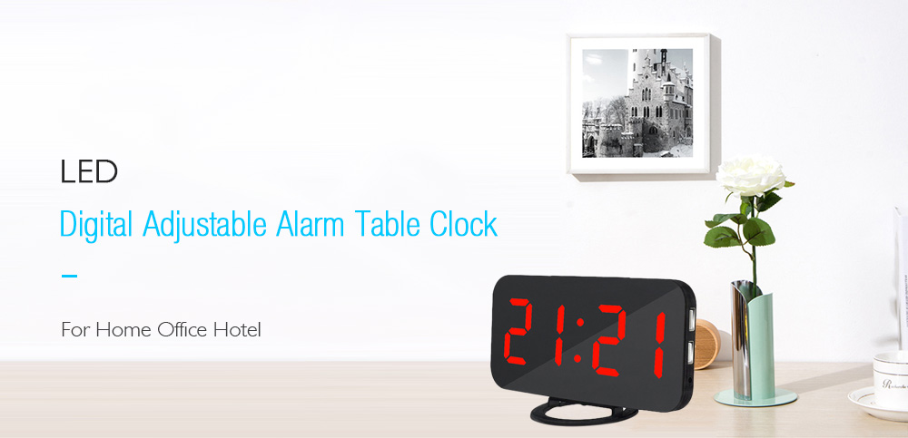 LED Digital Alarm Table Clock Brightness Adjustable for Home Office Hotel- Black Blue Numbers