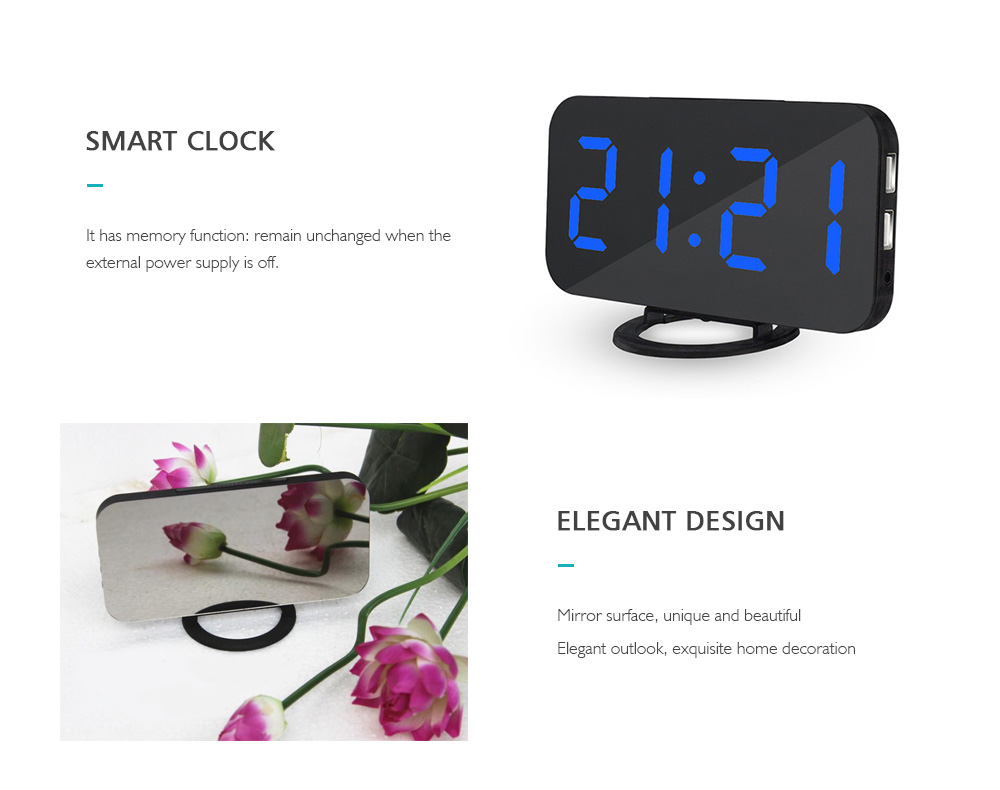 LED Digital Alarm Table Clock Brightness Adjustable for Home Office Hotel- Black Blue Numbers