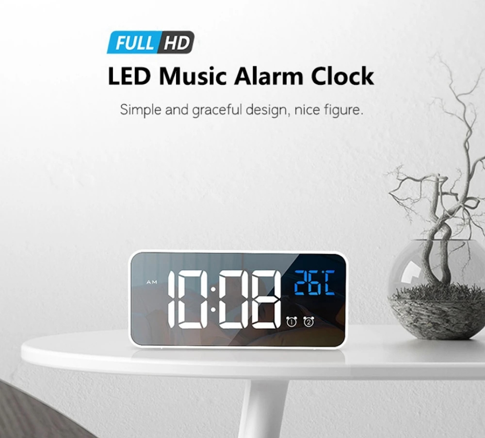 Digital Bedside Alarm Clock Charging Voice-controlled Alarm Clock Mirror LED Music Clock Two Sets of Alarm Clock Switches - White