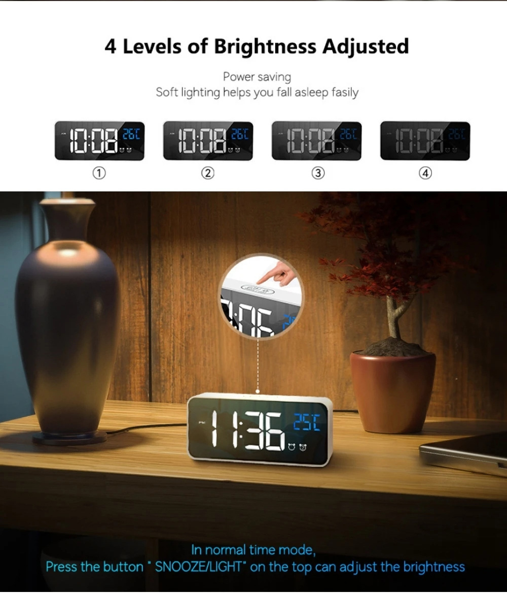 Digital Bedside Alarm Clock Charging Voice-controlled Alarm Clock Mirror LED Music Clock Two Sets of Alarm Clock Switches - White