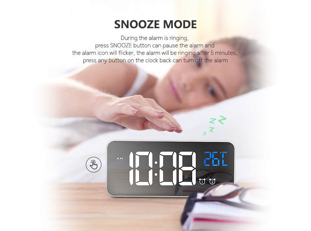 Digital Bedside Alarm Clock Charging Voice-controlled Alarm Clock Mirror LED Music Clock Two Sets of Alarm Clock Switches - White