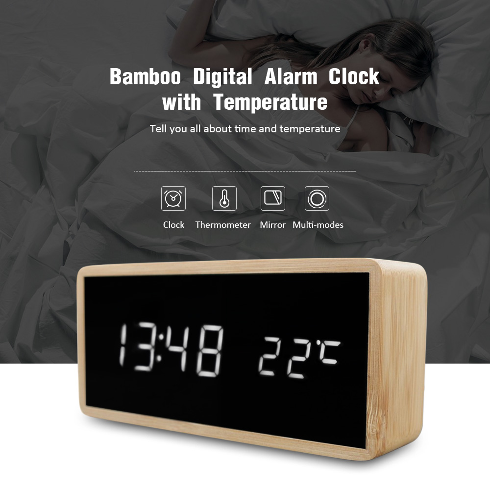 Bamboo Wooden Alarm Clock LED Display with Mirror Temperature Digital Watch- Red