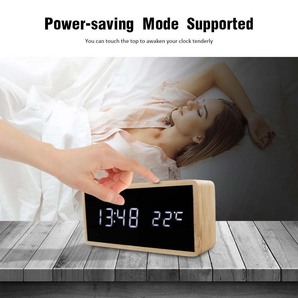 Bamboo Wooden Alarm Clock LED Display with Mirror Temperature Digital Watch- Red