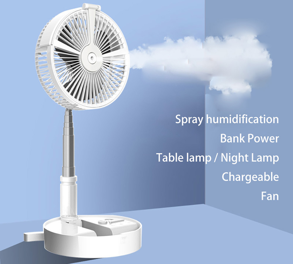 P9S Foldable Electronic Fan for Office Desktop Outdoor Retractable USB Charging with Remote Control Spray Humidification Night Light - White