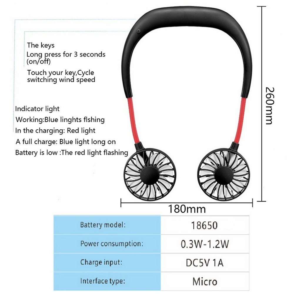 Portable Neckband Fan USB Rechargeable Battery Dual Wind Head 3 Speed Adjustable- Black