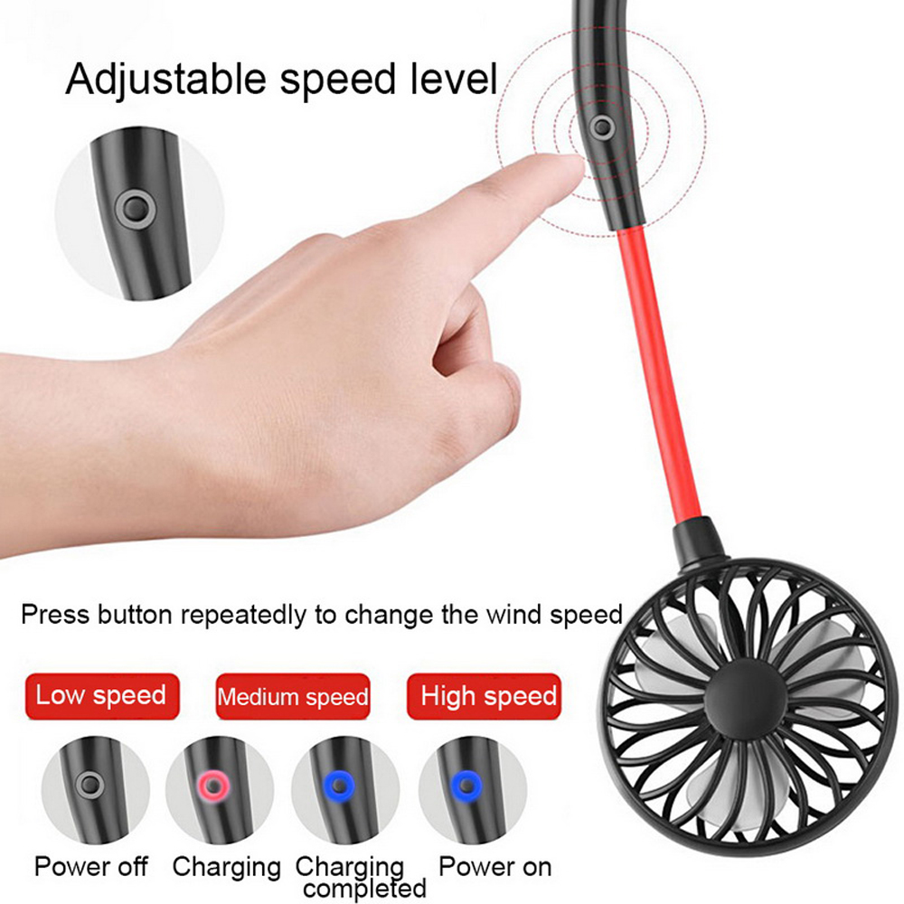 Portable Neckband Fan USB Rechargeable Battery Dual Wind Head 3 Speed Adjustable- Black