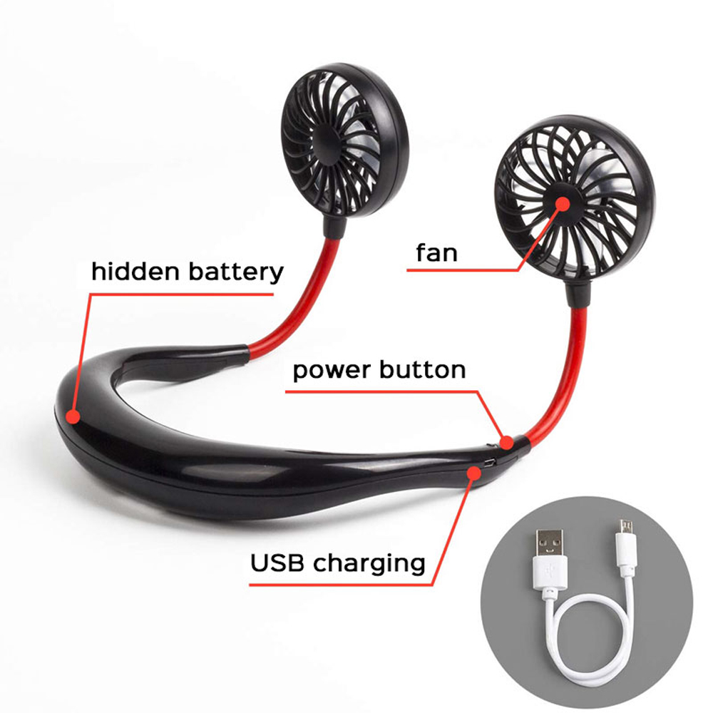 Portable Neckband Fan USB Rechargeable Battery Dual Wind Head 3 Speed Adjustable- Black